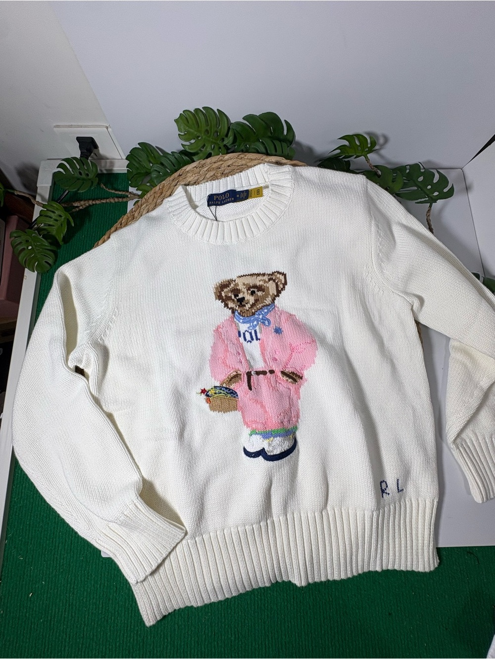 Ralph Lauren Cream Crewneck Sweater with Pink Bear Motif